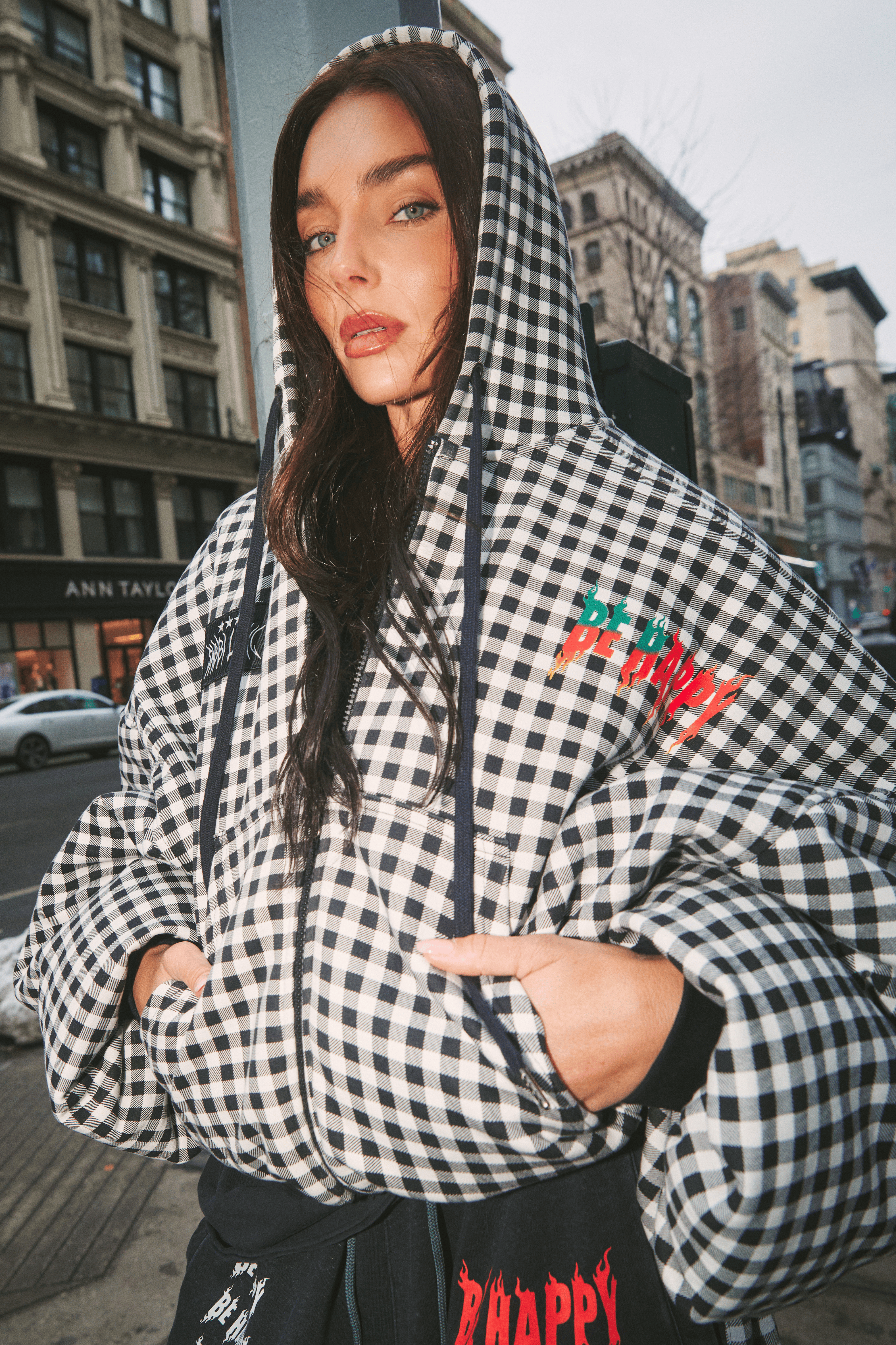 THE BE HAPPY GINGHAM PADDED BOMBER